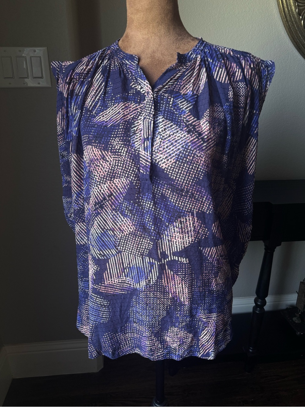 Rebecca Taylor 100% Silk Swiss Dot Flutter Sleeve Purple Abstract Blouse Size 6